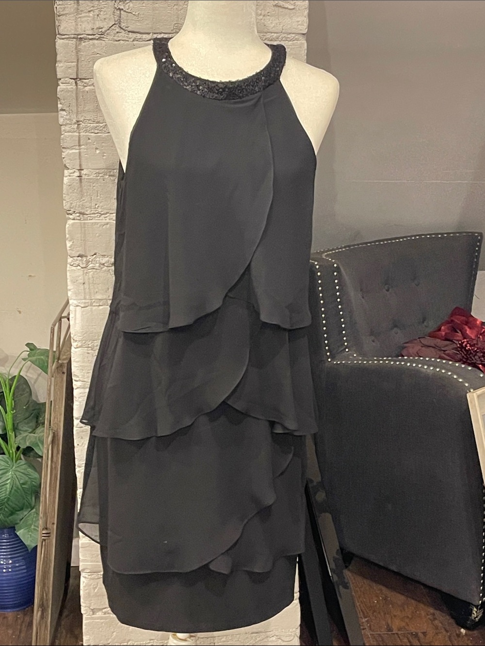 Chaps Black Tiered Halter Dress with sequined Neckline